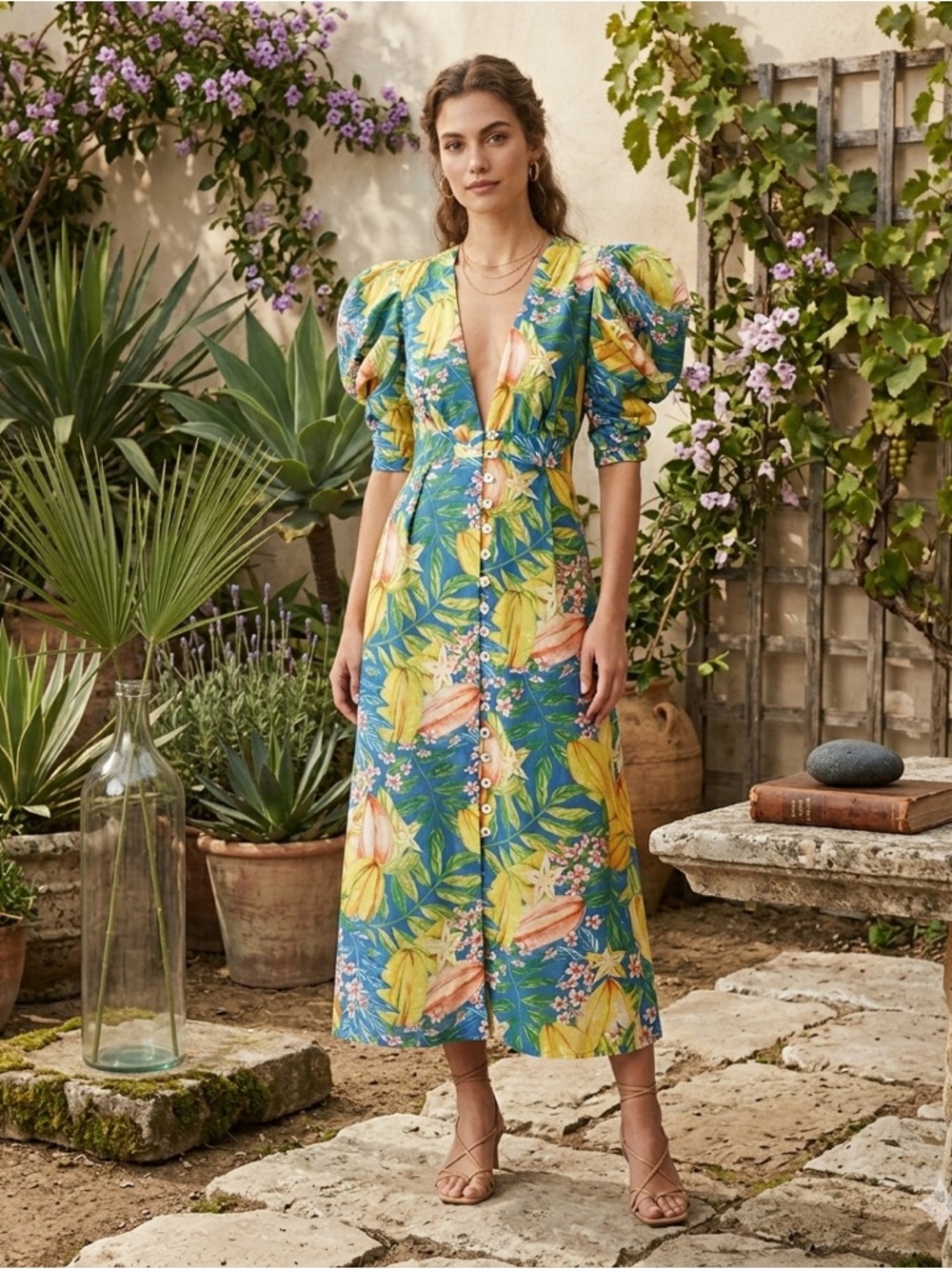 Farm Rio Star Fruits Puff Sleeve Plunging V-Neck Midi Dress NWT XS